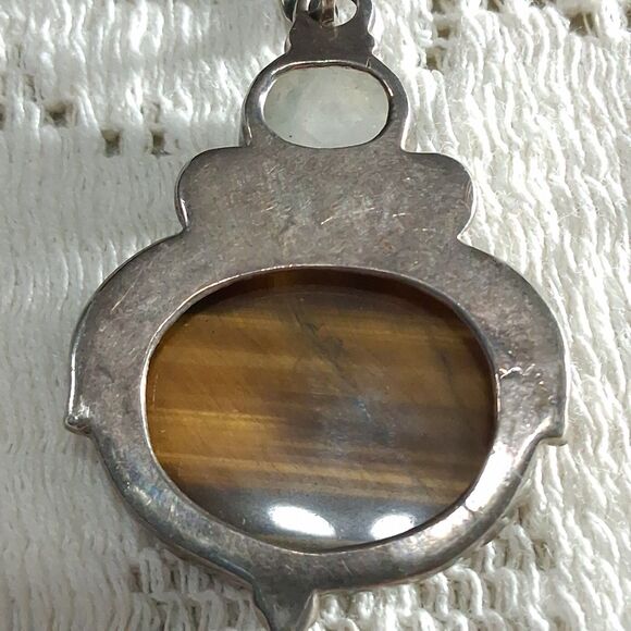 Vintage 925 Silver Real Tiger Eye & Moonstone Gemstone Oval Pendant Boho Hippie - Picture 10 of 16
